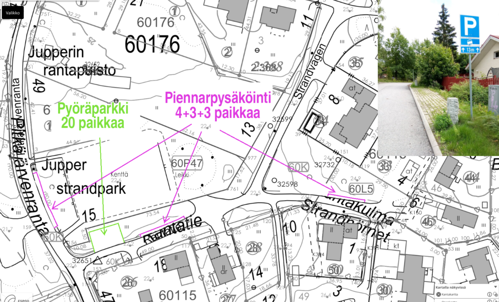 Kartta: rantapuiston pyöräparkki sekä kadunvarsipysäköinti.